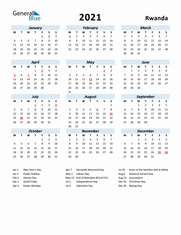 2021 Calendar for Rwanda with Holidays