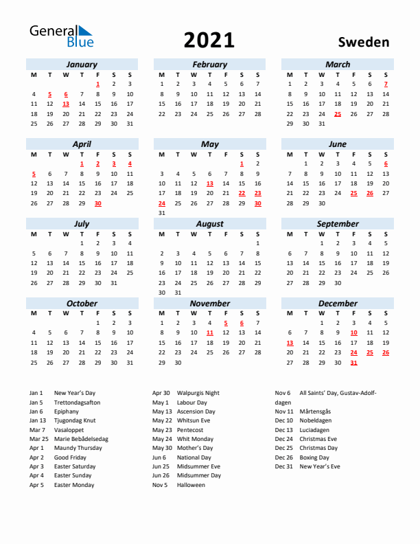 2021 Calendar for Sweden with Holidays