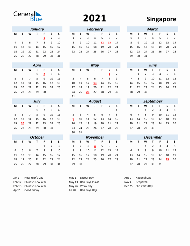 2021 Calendar for Singapore with Holidays