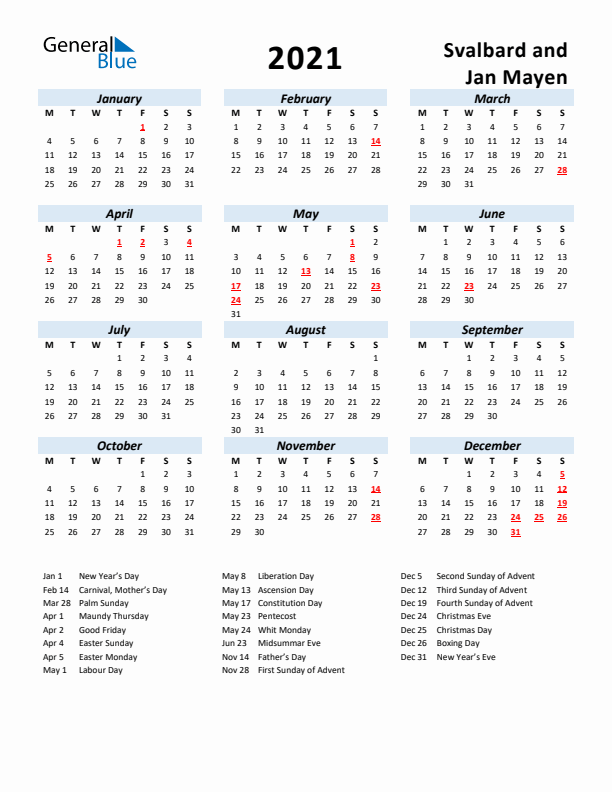 2021 Calendar for Svalbard and Jan Mayen with Holidays