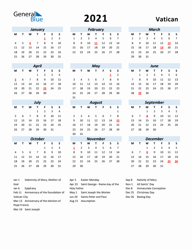 2021 Calendar for Vatican with Holidays