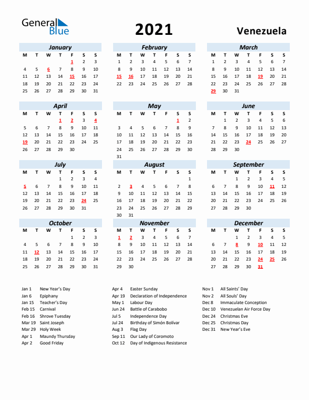 2021 Calendar for Venezuela with Holidays