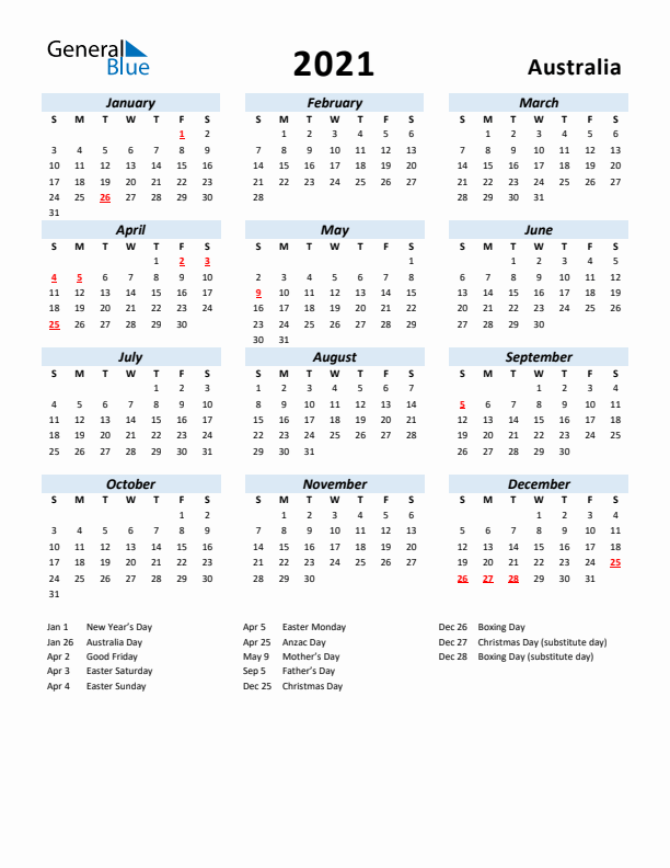 2021 Calendar for Australia with Holidays