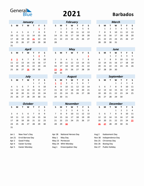 2021 Calendar for Barbados with Holidays