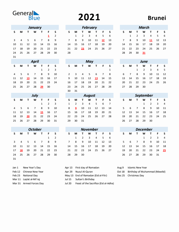 2021 Calendar for Brunei with Holidays