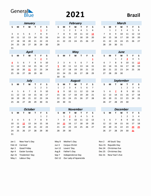 2021 Calendar for Brazil with Holidays