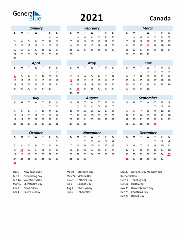 2021 Calendar for Canada with Holidays