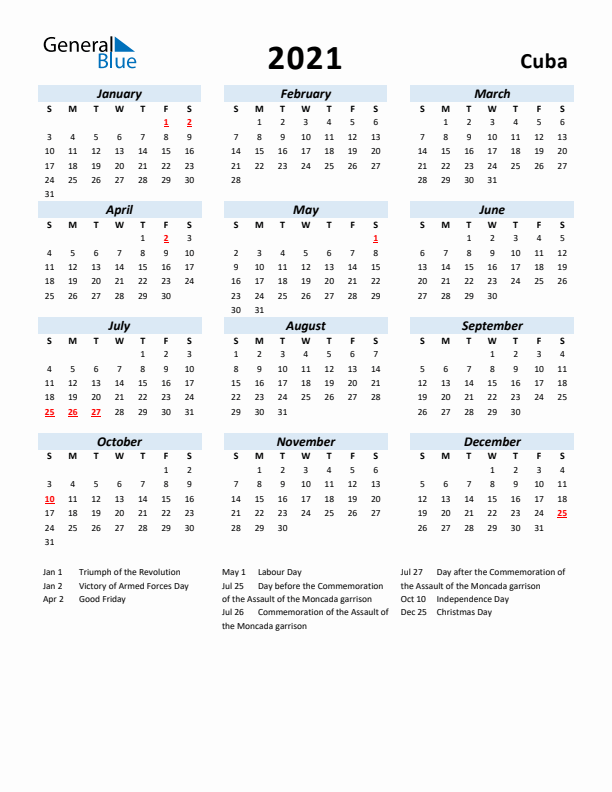 2021 Calendar for Cuba with Holidays