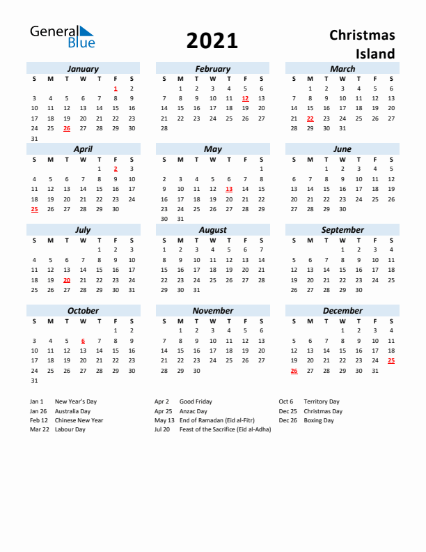 2021 Calendar for Christmas Island with Holidays