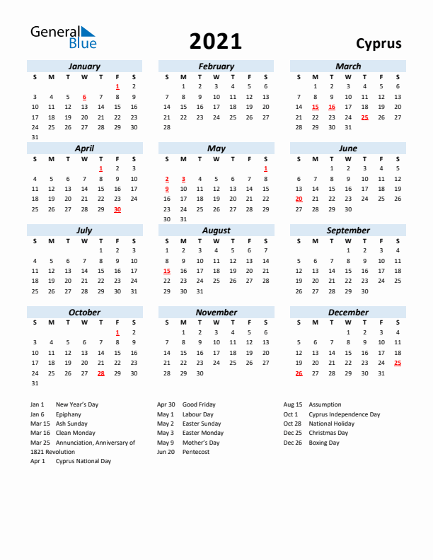 2021 Calendar for Cyprus with Holidays