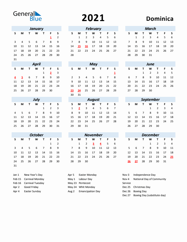 2021 Calendar for Dominica with Holidays