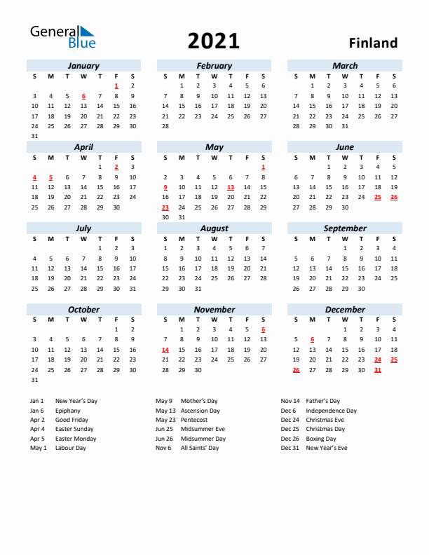 2021 Calendar for Finland with Holidays