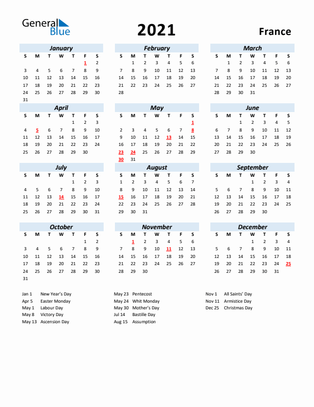 2021 Yearly Calendar for France with Holidays