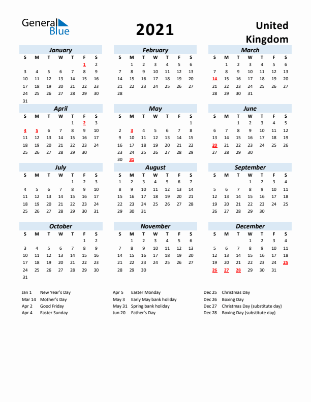 2021 Calendar for United Kingdom with Holidays