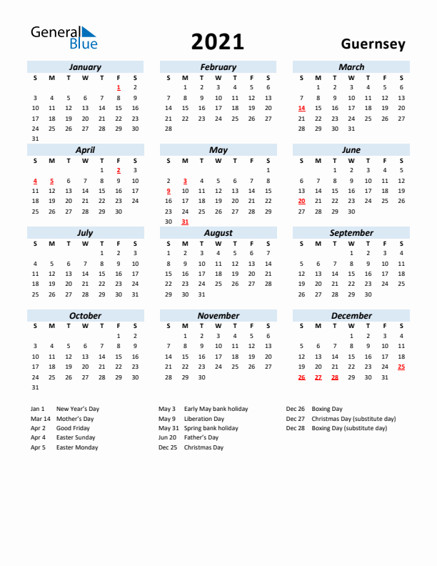 2021 Calendar for Guernsey with Holidays