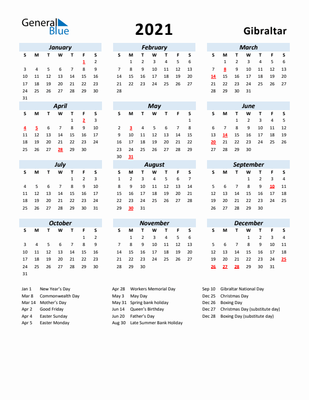 2021 Calendar for Gibraltar with Holidays