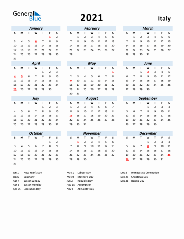 2021 Calendar for Italy with Holidays