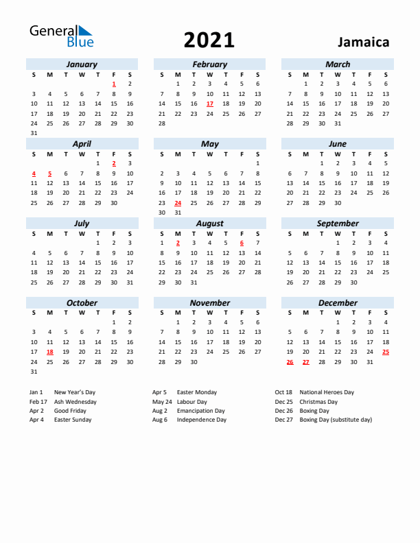 2021 Calendar for Jamaica with Holidays