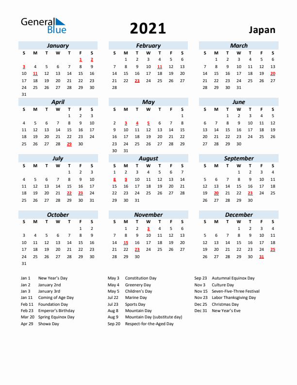 2021 Calendar for Japan with Holidays