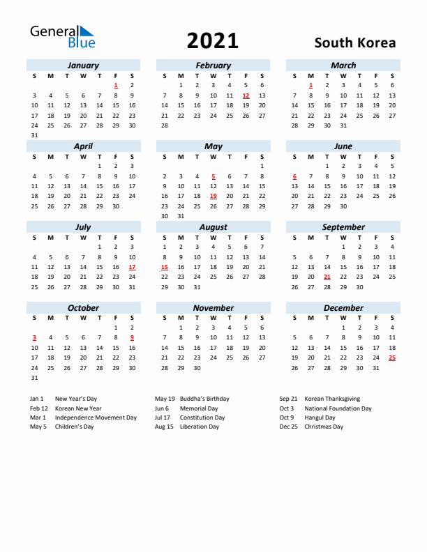 2021 Calendar for South Korea with Holidays