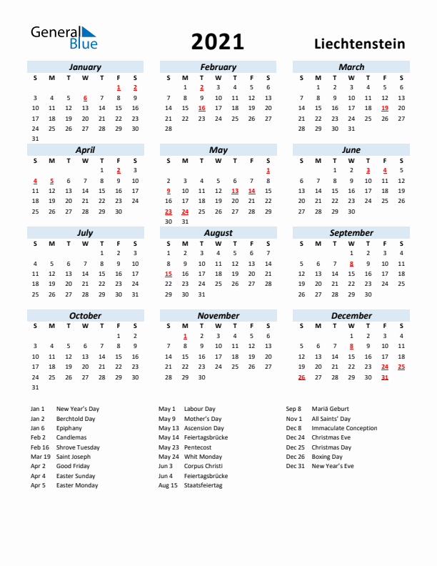 2021 Calendar for Liechtenstein with Holidays