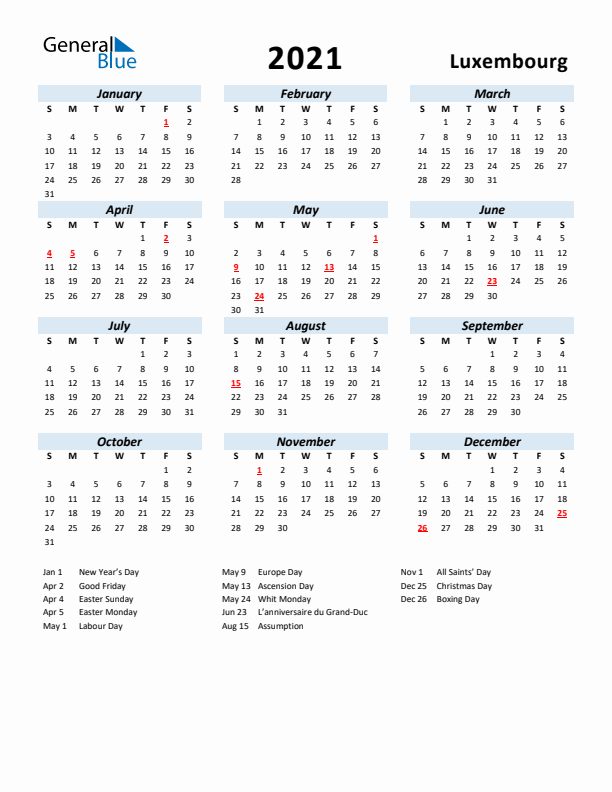 2021 Calendar for Luxembourg with Holidays