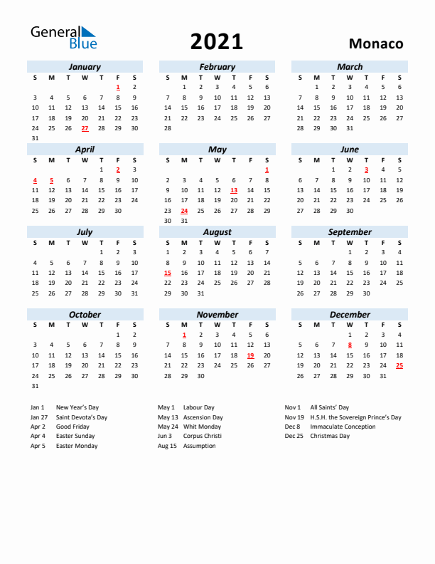 2021 Calendar for Monaco with Holidays