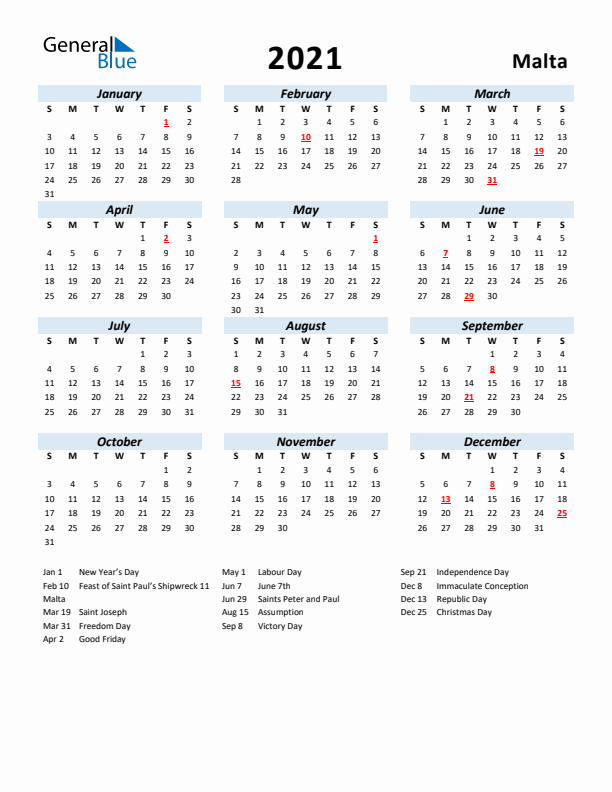 2021 Calendar for Malta with Holidays