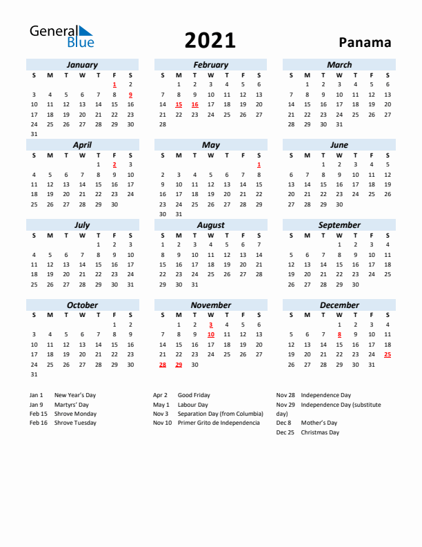 2021 Calendar for Panama with Holidays