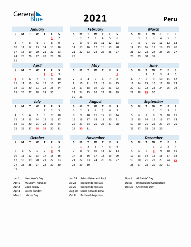 2021 Calendar for Peru with Holidays