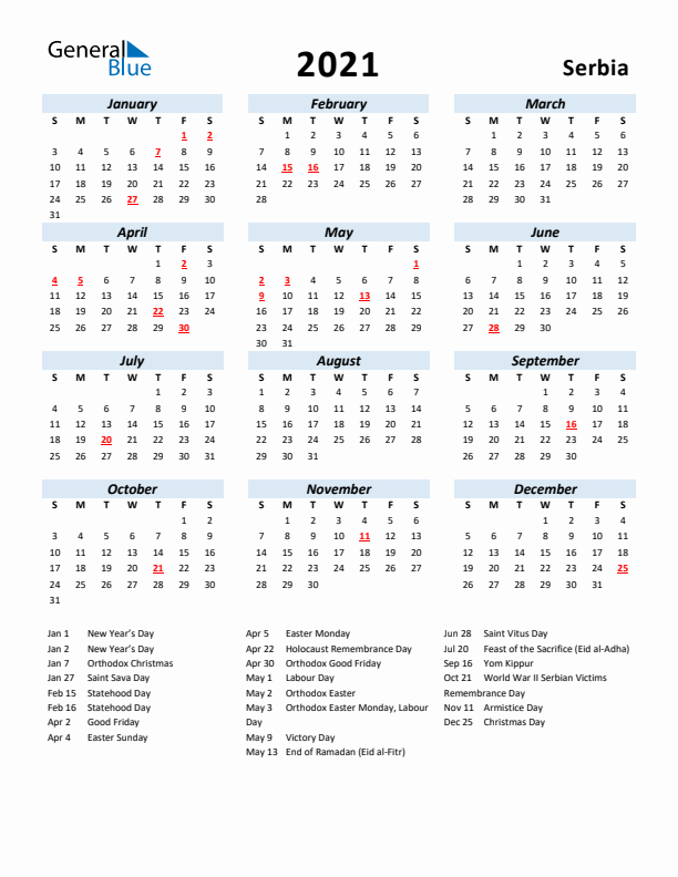 2021 Calendar for Serbia with Holidays