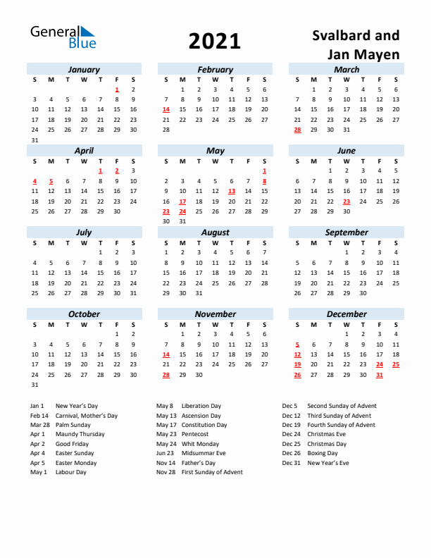 2021 Calendar for Svalbard and Jan Mayen with Holidays