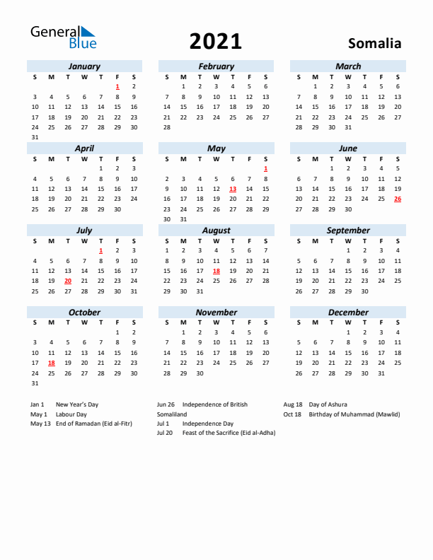 2021 Calendar for Somalia with Holidays