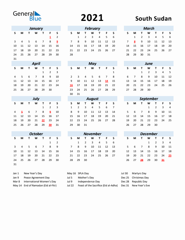 2021 Calendar for South Sudan with Holidays