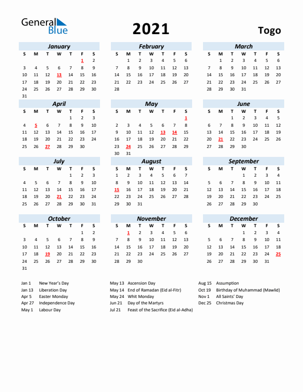 2021 Calendar for Togo with Holidays