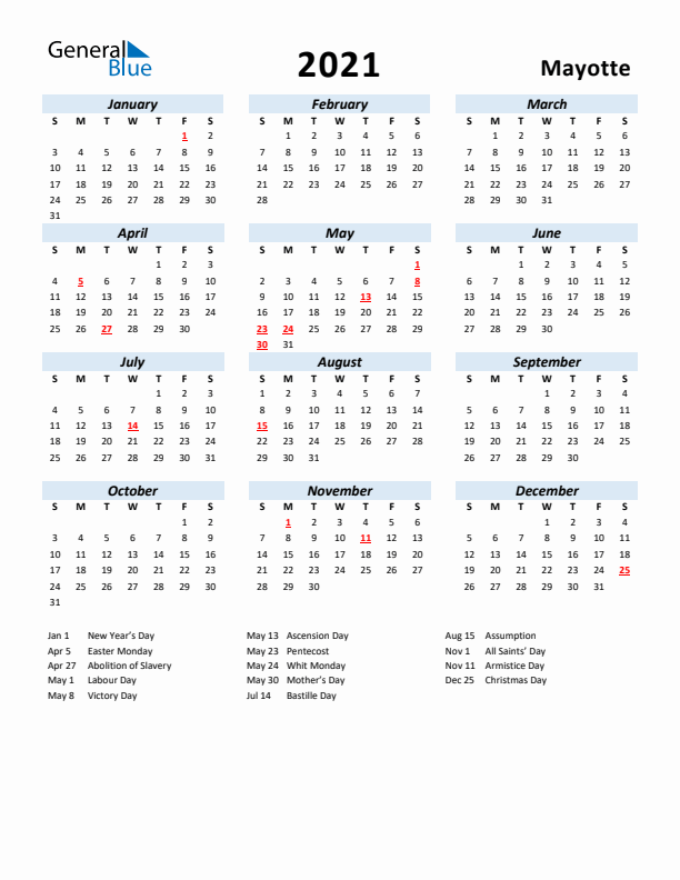 2021 Calendar for Mayotte with Holidays