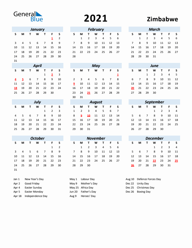 2021 Calendar for Zimbabwe with Holidays