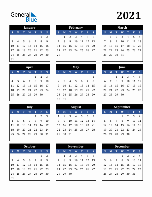 Editable Calendar 2021 - Sunday Start