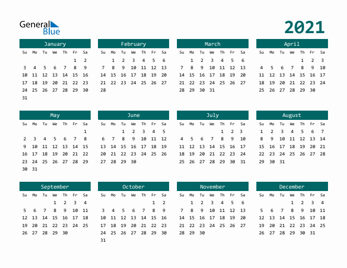 Downloadable 2021 Calendar