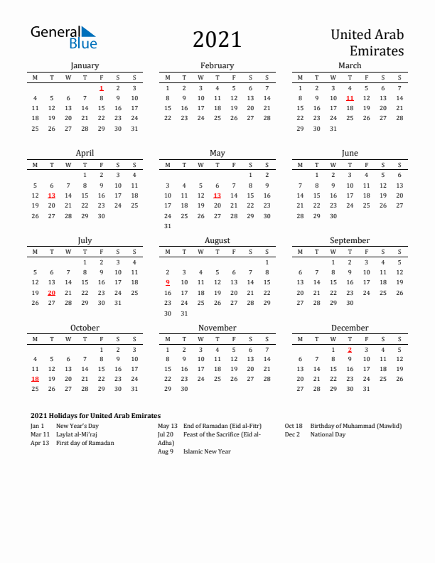 United Arab Emirates Holidays Calendar for 2021