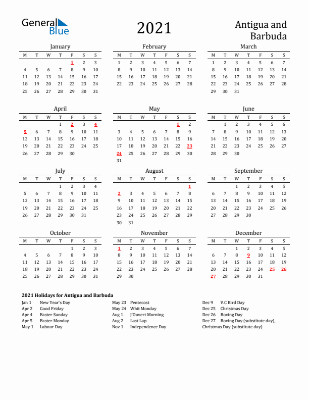 Antigua and Barbuda Holidays Calendar for 2021