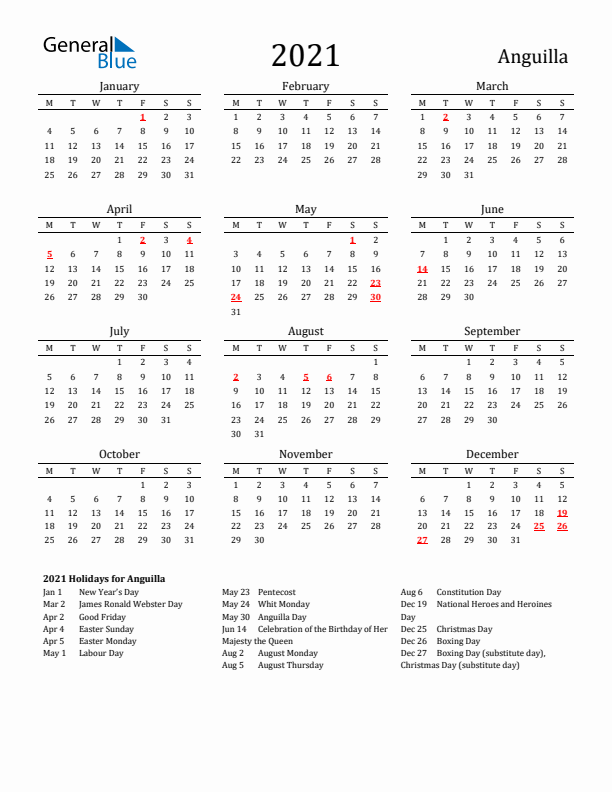 Anguilla Holidays Calendar for 2021