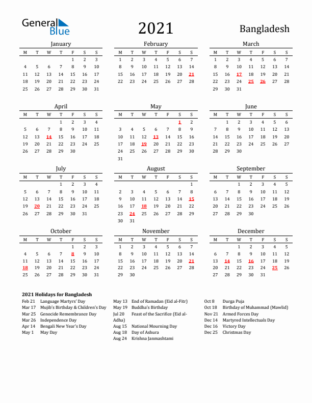 Bangladesh Holidays Calendar for 2021