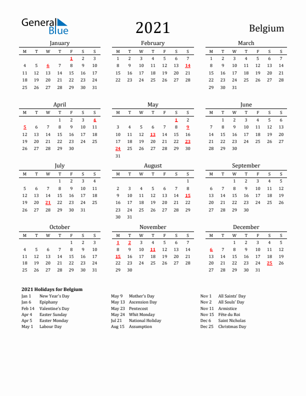 Belgium Holidays Calendar for 2021