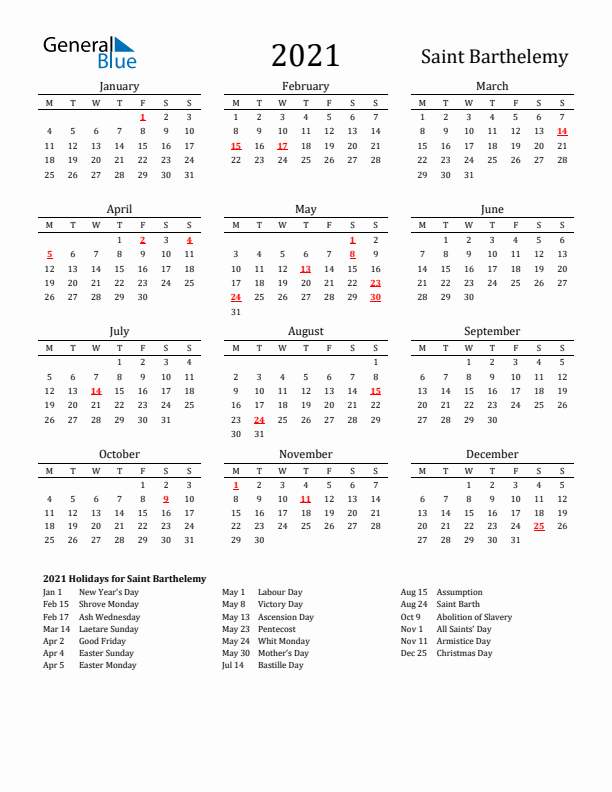 Saint Barthelemy Holidays Calendar for 2021