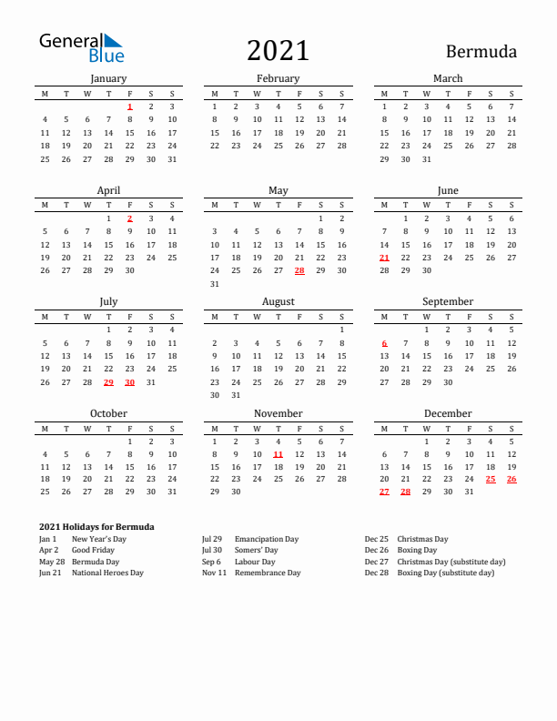 Bermuda Holidays Calendar for 2021