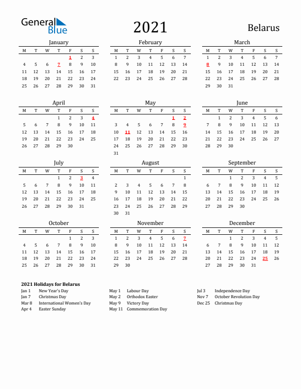 Belarus Holidays Calendar for 2021