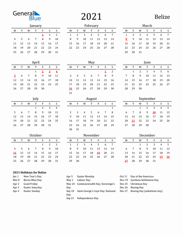 Belize Holidays Calendar for 2021