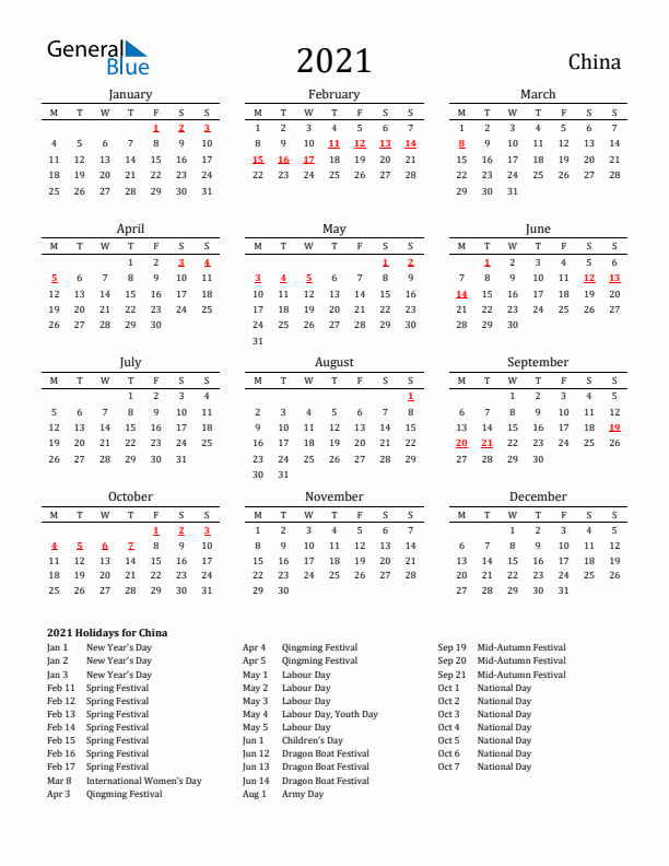 China Holidays Calendar for 2021