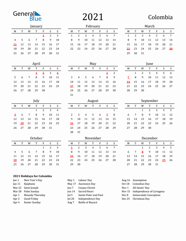 Colombia Holidays Calendar for 2021